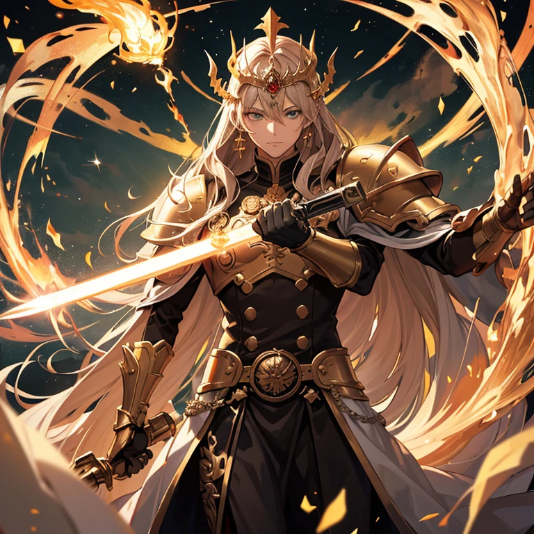 (Absurdres, best high quality)
1character, Warhammer 40.000 god emperor of Mankind, (bright golden skin ,long brown hair, sparkling green eyes), (giant bulky golden armor), (holding a huge fire sword with left hand), (upright right hand, closed fist) handsome king, handsome face, strong features, gentle smile, lovely king, heroic king, grey mountains background,