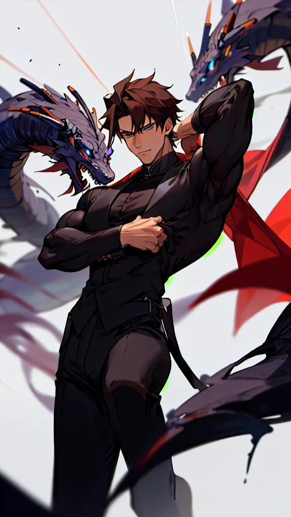 Half body portrait of a young man Has good muscles, brown hair, blue eyes, wears a plain black suit. There was a black Chinese dragon with a serpentine body wrapped around it, huge, smoky.