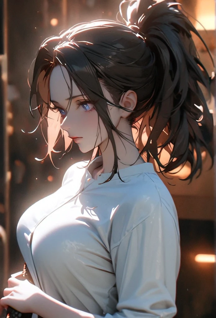 (solo), black hair, messy hair, mane hair, medium hair, dense hair, wild hair, expressive hair, ponytail, mature,(25 year old), pale skin, blue eyes, ((Female)), beatiful girl, wearing a white shirt, open shirt, tight clothes, long black pants, rolled up sleeves, beautiful, attractive, large breast, and round and big ass, Holding a katana, eye reflection, depth of field, thunder aura, cinematic lighting, ray tracing, depth of field, cinematic lighting, ray tracing, UHD, high details, best quality, highres, high quality, award winning, super detail, masterpiece, 8k, UHD, high details, best quality, highres, high quality, award winning, super detail, masterpiece, 8k, digital art, anime coloring, body shot, good face, perfect face, detailed face, good eyes. Space and planets background