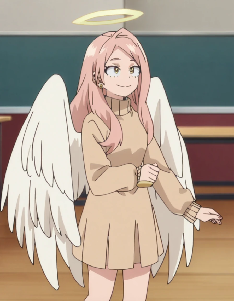 1girl, female focus, my hero academia screencap, boku no hero academia, pink hair, gold eyes, smiling, super long hair, cute, wearing beige turtle neck , in a classroom, cute gold earrings, bangs, big , full body, angel wings on back, halo