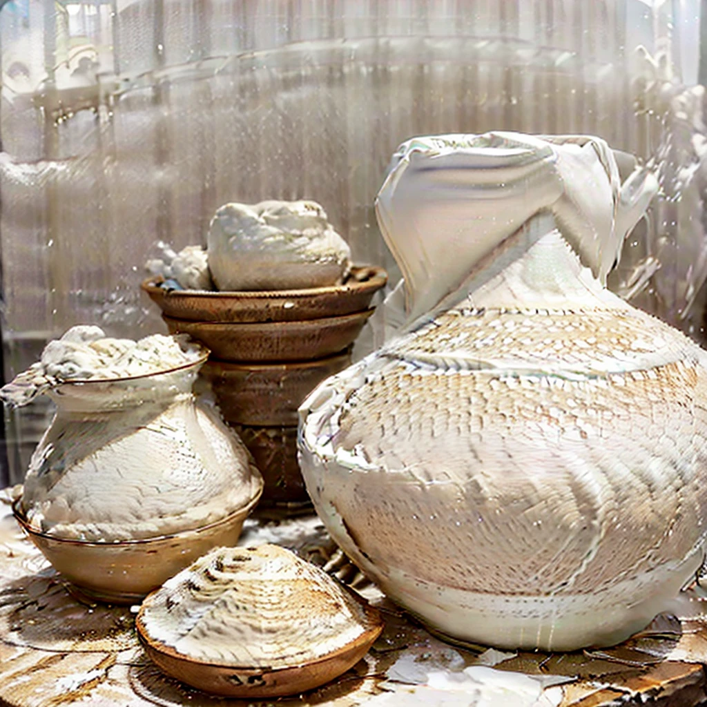 there are a lot of ingredients that are on a table, ingredients on the table, covered in white flour, recipe, strange ingredients on the table, flour dust, honey, white, white clay, alchemical still made from clay, outstanding detail, homemade, exploitable image, creating a soft, flour dust spray, clean face and body skin, highly rendered