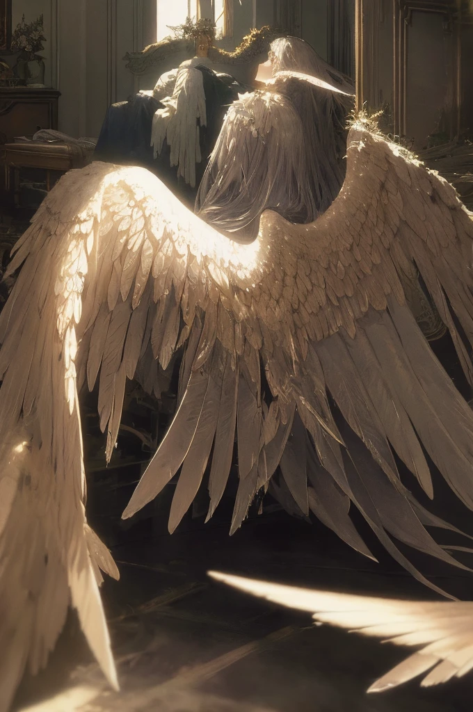 create a Renaissance painting-style image of an angel holding a  under the air, segurando uma arma pronto para defende-la