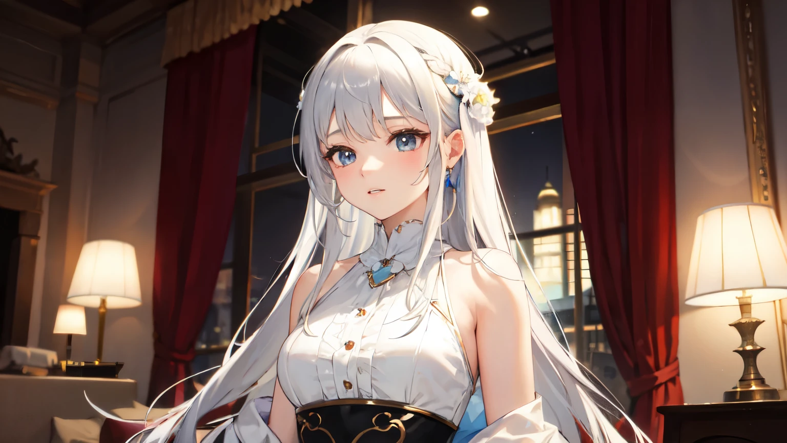 ((best quality)), ((masterpiece)), (detailed), 1 woman, silver long hair, home