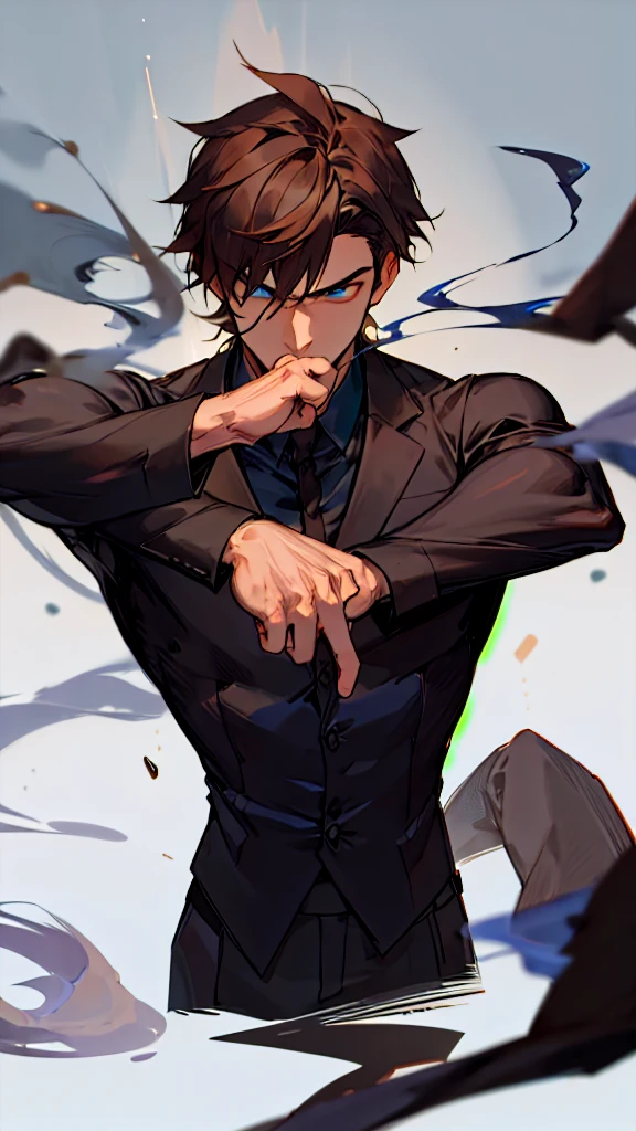 Half body portrait of a young man Has good muscles, brown hair, blue eyes, wears a plain black suit. There is a black Chinese dragon with a mighty, serpentine body. Smoke