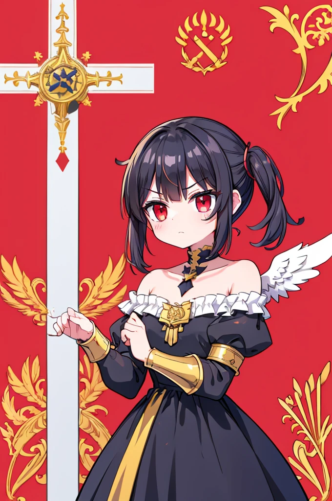 flagmaker, medieval knight group, the flag representing Crucifixus, Experrectus, Reanimatus or The Crucified, The Awakened, And The Reanimated, the flags' colors consist of black, red, white, gold and silver. The flag consists of one angel holding a black and red sword with a golden handle, the angel has a golden cross on the front of her dress. the angel wears a black dress with red small red stripes on the sleeves. the angel is angry, her eyes are red, her hair is black.