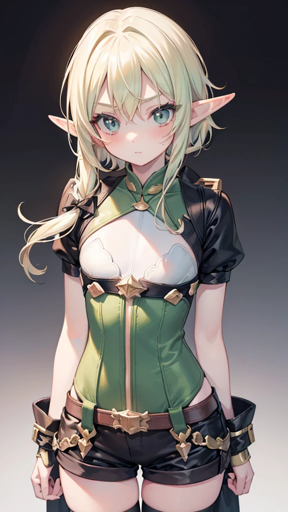 ((masterpiece, best quality)), manga style, elf warrior in armor, blond hair, elf ears, hands behind back, best qualityer,8K, masterpiece, high resolution, two tone lighting, (high detail skin:1.2), beautiful face, gentle illumination, ((blank background))