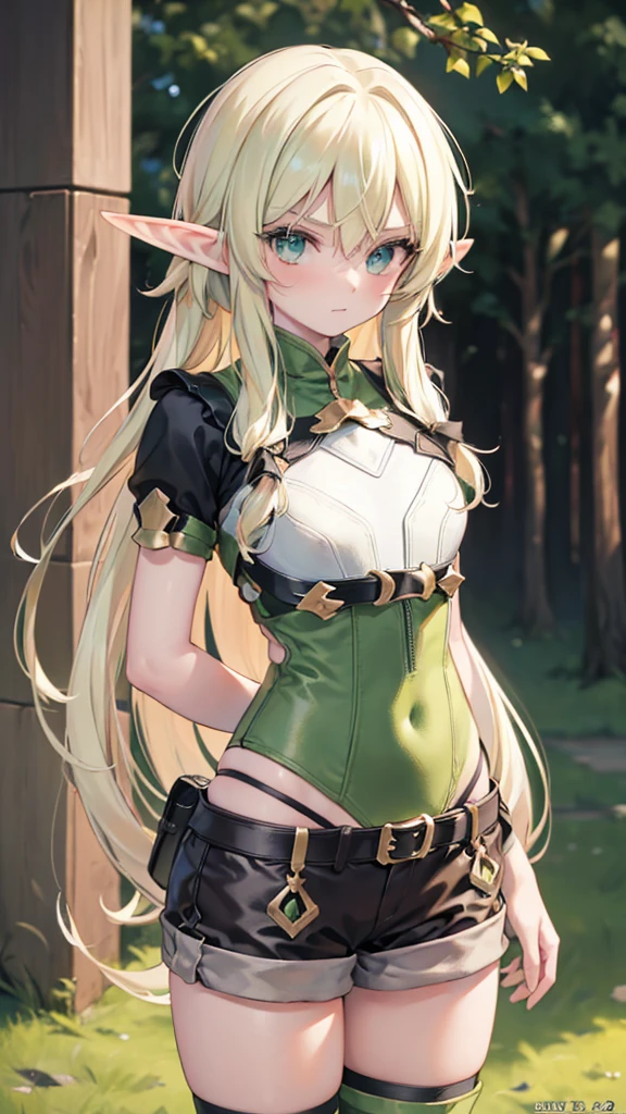 ((masterpiece, best quality)), manga style, elf warrior in armor, blond hair, elf ears, hands behind back, best qualityer，8K， masterpiece, high resolution, two tone lighting, (high detail skin：1.2), beautiful face, gentle illumination, ((blank background))