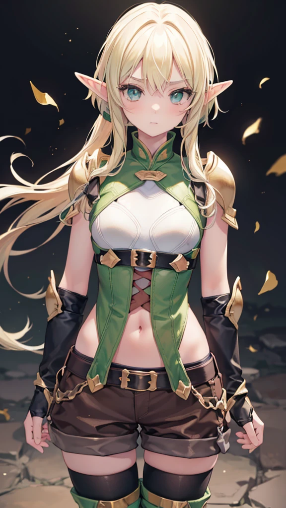 ((masterpiece, best quality)), manga style, elf warrior in armor, blond hair, elf ears, hands behind back, best qualityer，8K， masterpiece, high resolution, two tone lighting, (high detail skin：1.2), beautiful face, gentle illumination, ((blank background))