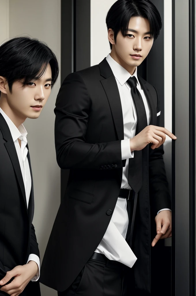 I want a Korean guy about 25 years old, pale skin, amber eyes, cabello negro, y con un traje negro 
