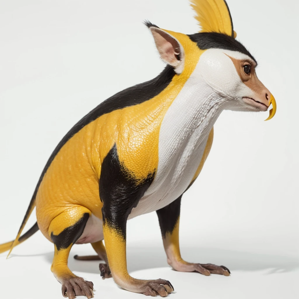 Animaly, white and yellows colour skins, has scales, his body is shaped like a Tapirs but his face is like a monkey and Puffin, silver colour skins, Grassroots background, (white background simpleks)