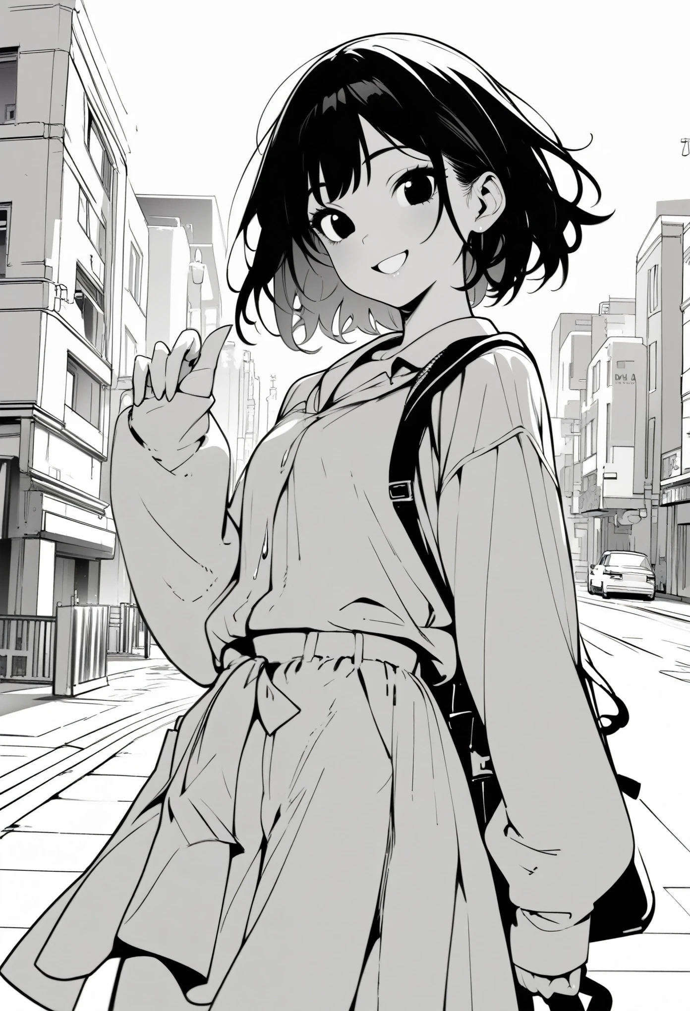 masterpiece, best quality 1girl, grayscale, black eyes, street, iced, black hair, schoolbag, smile, lineart, white background