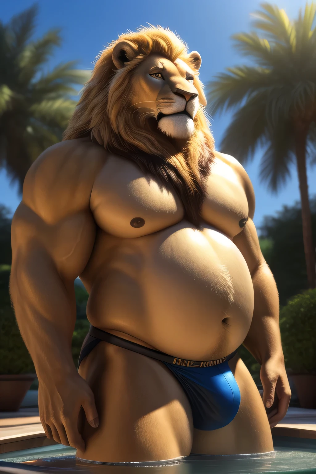 male lion with a long flowing blonde mane, beautiful eyes, massive and obese body, big belly, fat belly, powerful arms and pectorals, wearing tight black jockstrap, about to enter luxurious jacuzzi in lush garden on beautiful sunny day, (best quality,8k,8k,highres,masterpiece:1.2),ultra-detailed, ultra-detailed eyes, (realistic,photorealistic,photo-realistic:1.37),HDR,UHD,studio lighting,ultra-fine painting,sharp focus,physically-based rendering,extreme detail description,professional,vivid colors,bokeh,cinematic,realistic