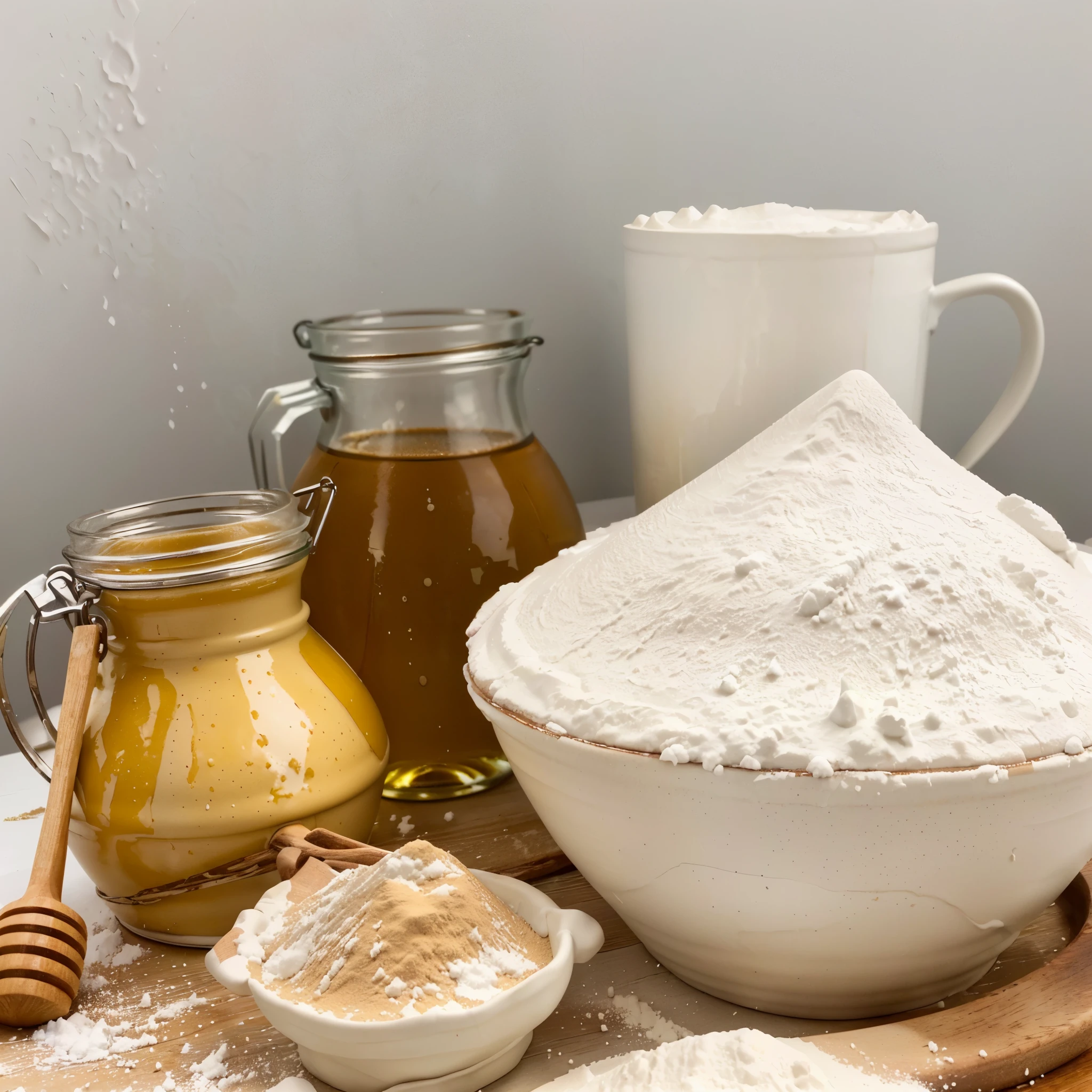 there are a lot of ingredients that are on a table, ingredients on the table, covered in white flour, recipe, strange ingredients on the table, flour dust, honey, white, white clay, alchemical still made from clay, outstanding detail, homemade, exploitable image, creating a soft, flour dust spray, clean face and body skin, highly rendered