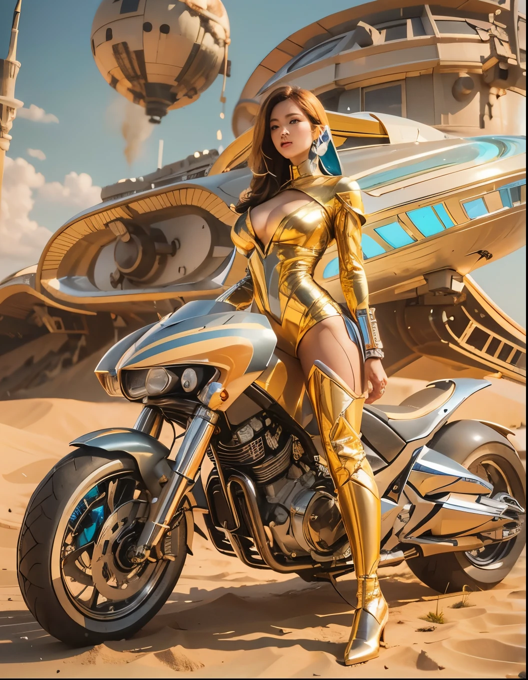 Make her face prettier with hair blowing in wind, refine details, more photorealistic, perfect skin, realistic lighting