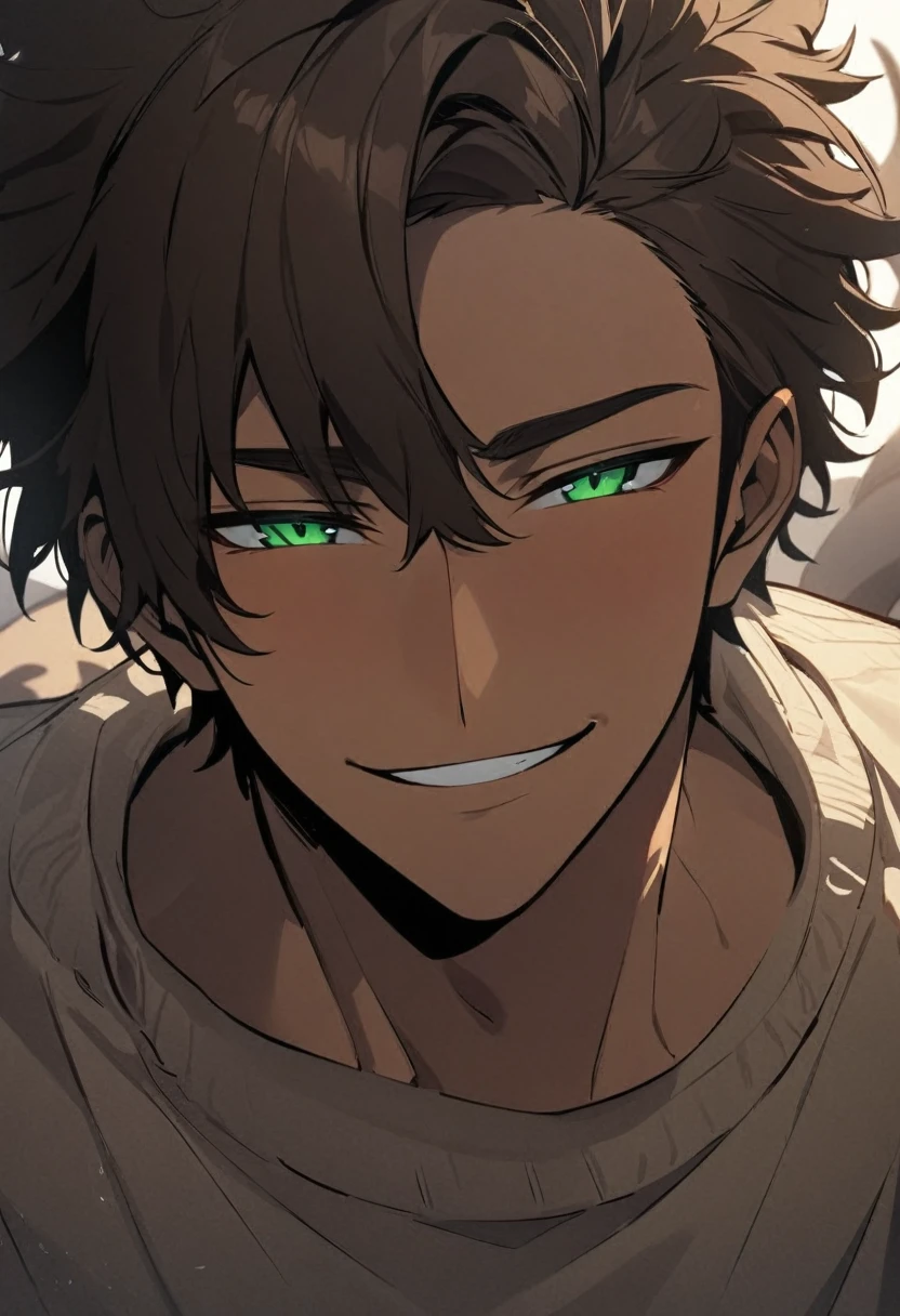 highres, superb quality, Hyper HD, Masterpiece, highly detailed, ((masterpiece)), ((front view)), solo, handsome anime boy, 1 man, 1boy, tan teenager, young man, male, ((young_adult_face)), ((sexy guy)), ((green eyes)), olive green eyes, sharp eyes, smirk, portrait, gradient ((dark brown hair)), shaggy hair, ((rat tail hair)), ((rattail hair)), (shiny tan skin), darkbrown_hair, ashybrown_hair, ash_brown hair, wearing cozy sweater, wearing tight sweater, romance lane, close-up, portrait, ❤ love, beautiful,