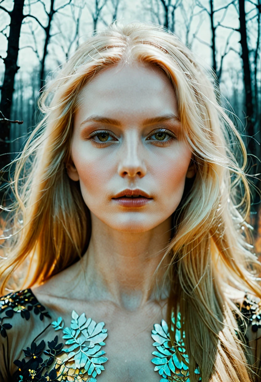 (Double Exposure Photography by Stanley Stellar and Josefa Pla Marco:1.2), award-winning photography, pale skin, evil slavic woman, long dark blond hair, upper body, aesthetic, dazzling atmosphere, atmospheric scattering, perfectly focused, f/22, symmetry and balance, artistic, infrared photography, outstanding details, (opal multi-color and opaque colors:0.1), ((artistic model pose for photo))