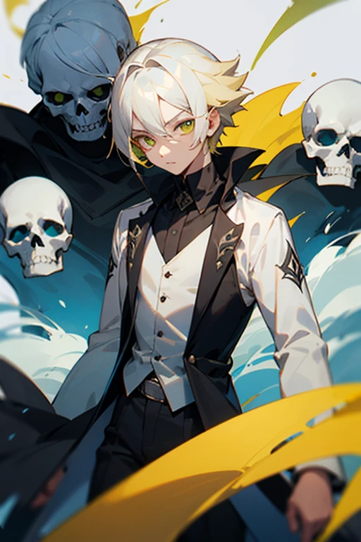 13 year old boy with white hair and yellowish green eyes, vestido  como un dios de la muerte