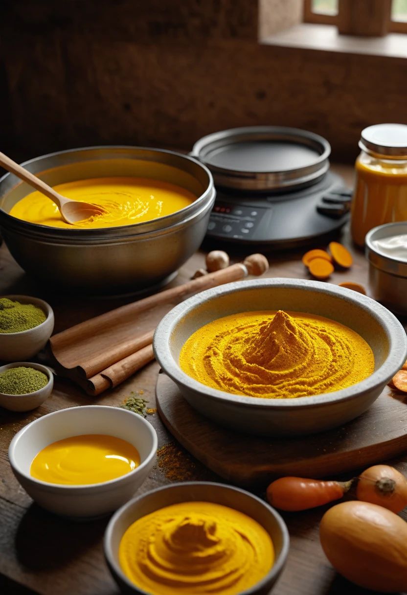 Person preparing the turmeric and yogurt paste in a cozy kitchen background. Photography, illustration, 3d render, ultra hd detail, sharpen details, painting, Digital painting, Cinematic, Hyper-detailed, insane details, Beautifully color graded, Unreal Engine, DOF, Super-Resolution, Megapixel, Cinematic Lightning, Anti-Aliasing, FKAA, TXAA, RTX, SSAO, Post Processing, Post Production, Tone Mapping, CGI, VFX, SFX, Insanely detailed and intricate, Hyper maximalist, Hyper realistic, Volumetric, Photorealistic, ultra photoreal, ultra-detailed, intricate details, 8K, Super detailed, Full color, Volumetric lightning, HDR, Realistic, Unreal Engine, 16K, Sharp focus, —v testp
