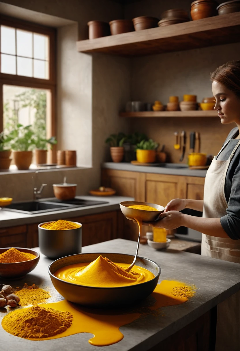 Person preparing the turmeric and yogurt paste in a cozy kitchen background. Photography, illustration, 3d render, ultra hd detail, sharpen details, painting, Digital painting, Cinematic, Hyper-detailed, insane details, Beautifully color graded, Unreal Engine, DOF, Super-Resolution, Megapixel, Cinematic Lightning, Anti-Aliasing, FKAA, TXAA, RTX, SSAO, Post Processing, Post Production, Tone Mapping, CGI, VFX, SFX, Insanely detailed and intricate, Hyper maximalist, Hyper realistic, Volumetric, Photorealistic, ultra photoreal, ultra-detailed, intricate details, 8K, Super detailed, Full color, Volumetric lightning, HDR, Realistic, Unreal Engine, 16K, Sharp focus, —v testp