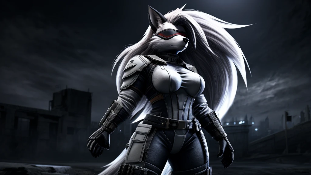 Loona from Helluva Boss, female white wolf, short white hair, blindfold, white combat military armor suit, combat mask, mature adult, muscular, standing, dark lighting, extremely detailed, solo, beautiful, high quality, 4K