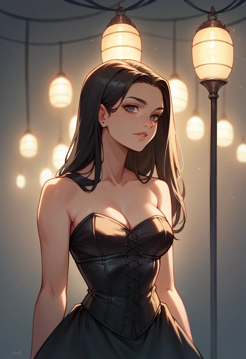 woman, black hair, black corset dress, medium bust, background with warm lights, looking at the camera, looking at the viewer