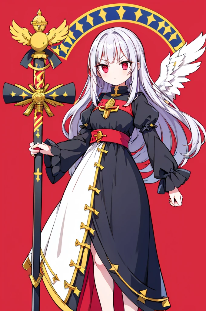 flagmaker, medieval knight group, the flag representing Crucifixus, Experrectus, Reanimatus or The Crucified, The Awakened, And The Reanimated, the flags' colors consist of black, red, white, gold and silver. The flag consists of one angel holding a sword with a black and red blade and an golden handle, the angel has a golden cross on the front of her dress. the angel wears a black dress with red small red stripes on the sleeves. the angel is angry, her eyes are red, her hair is black.
