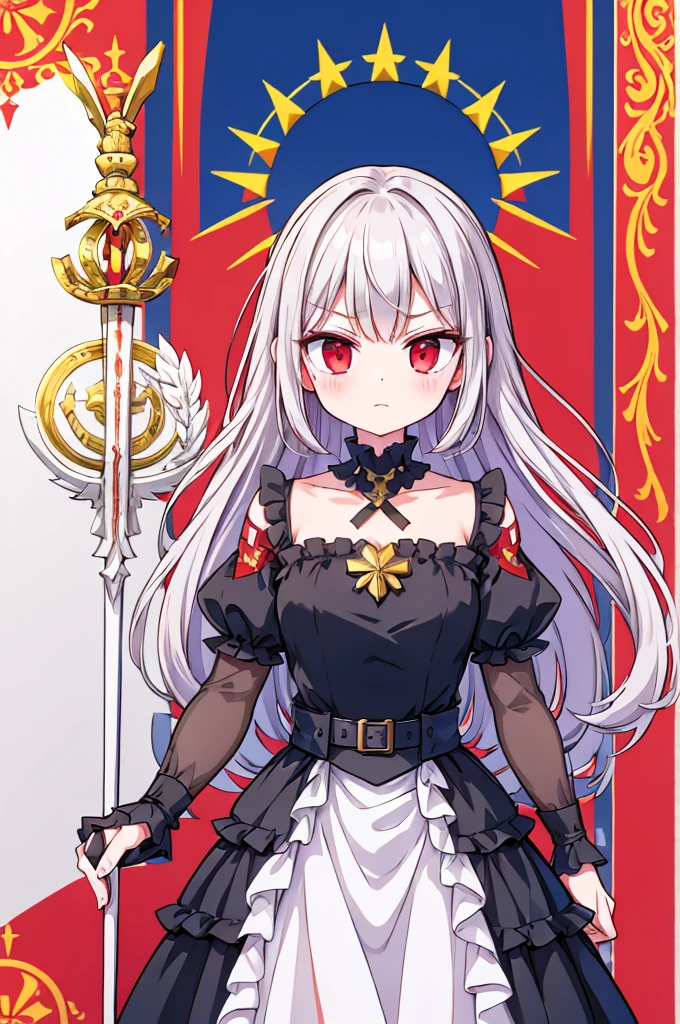 flagmaker, medieval knight group, the flag representing Crucifixus, Experrectus, Reanimatus or The Crucified, The Awakened, And The Reanimated, the flags' colors consist of black, red, white, gold and silver. The flag consists of one angel holding a sword with a black and red blade and an golden handle, the angel has a golden cross on the front of her dress. the angel wears a black dress with red small red stripes on the sleeves. the angel is angry, her eyes are red, her hair is black.