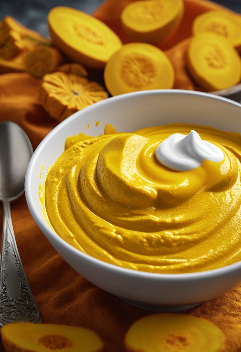 Close-up of the smooth turmeric and yogurt paste in a bowl. Photography, illustration, 3d render, ultra hd detail, sharpen details, painting, Digital painting, Cinematic, Hyper-detailed, insane details, Beautifully color graded, Unreal Engine, DOF, Super-Resolution, Megapixel, Cinematic Lightning, Anti-Aliasing, FKAA, TXAA, RTX, SSAO, Post Processing, Post Production, Tone Mapping, CGI, VFX, SFX, Insanely detailed and intricate, Hyper maximalist, Hyper realistic, Volumetric, Photorealistic, ultra photoreal, ultra-detailed, intricate details, 8K, Super detailed, Full color, Volumetric lightning, HDR, Realistic, Unreal Engine, 16K, Sharp focus, —v testp