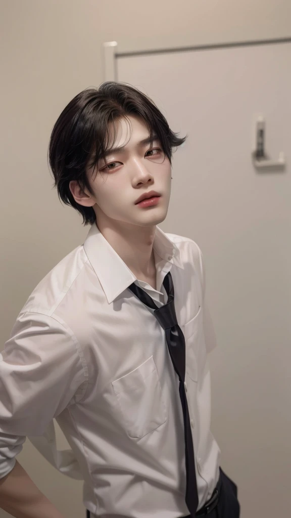 There's a man in a white shirt and tie posing for a photo, Jung Jaehyun, cute japanese demon boy, cute androgynous prince, delicate androgynous prince, Ulzzang ruim, Jinyoung Shin, inspirado em Yanjun Cheng, inspirado em Zhang Han, Yanjun Chengt, Linda pose de anime, Kosuke-ono, young pale angel, sha xi