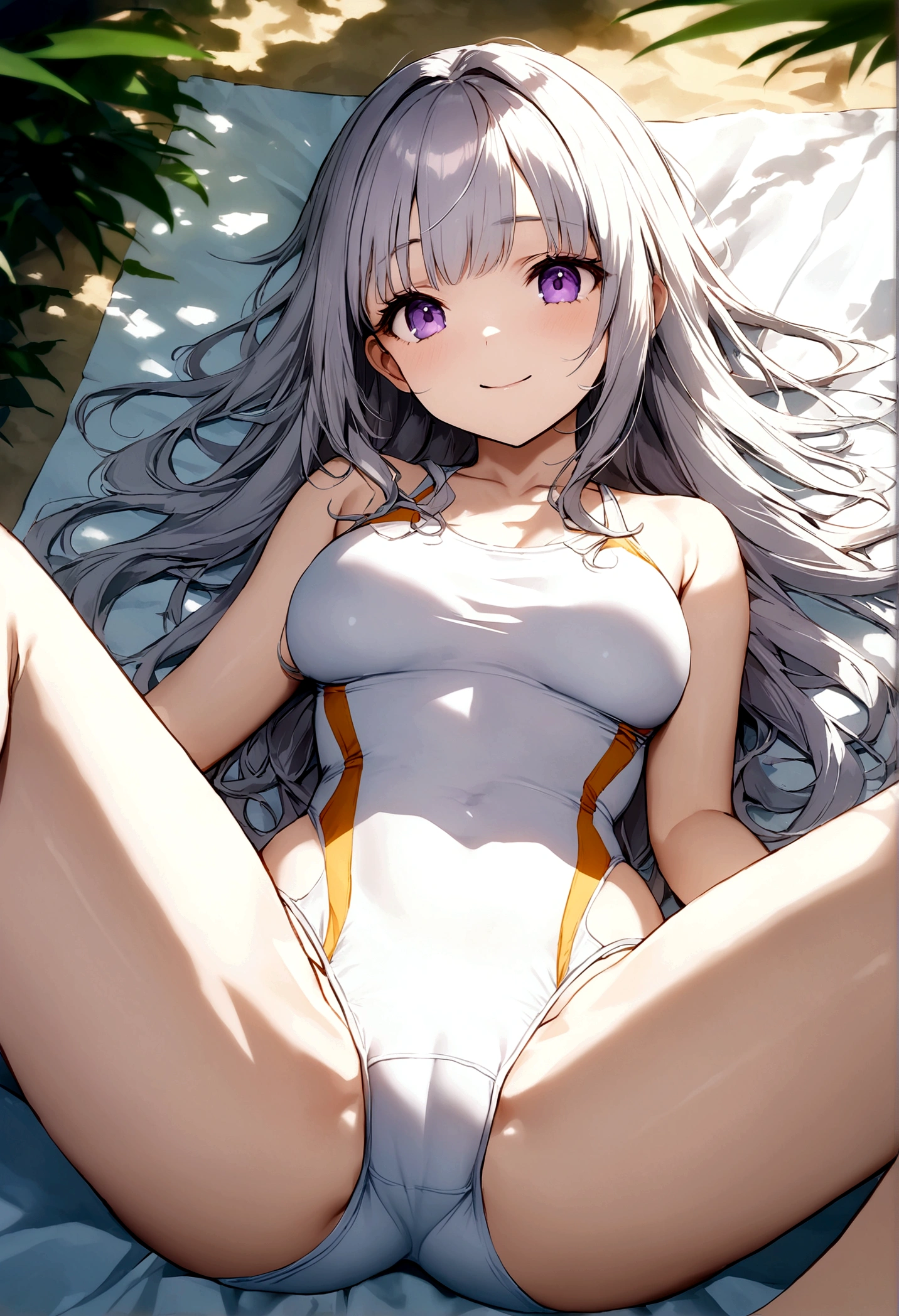 32k, best quality, ultra high res, HDR, UHD, extremely detailed CG, unity 32k wallpaper, very cute, -yeld gi 1 person, Purple eyes, ((White competitive swimsuit)), Beach, White long hair, (large breasts), (Laugh shyly), ((Lie down on a picnic sheet)), (((Spread your legs wide))),