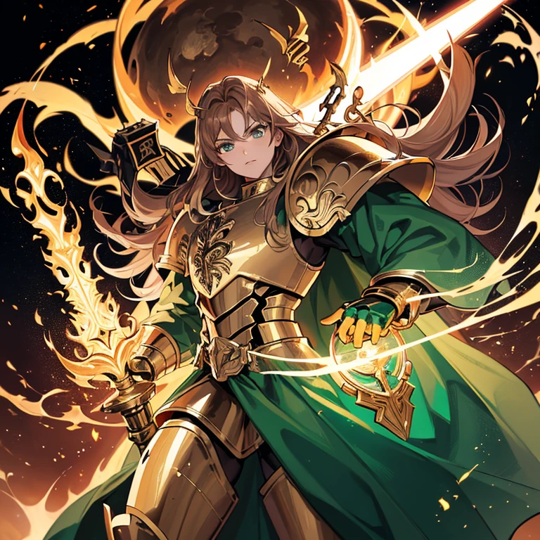 (Absurdres, best high quality)
1character, Warhammer 40.000 god emperor of Mankind, (bright golden skin ,long brown hair, green eyes, giant bulky golden armor, holding a huge fire sword with left hand, upright right hand, closed fist), heroic, grey mountains background,