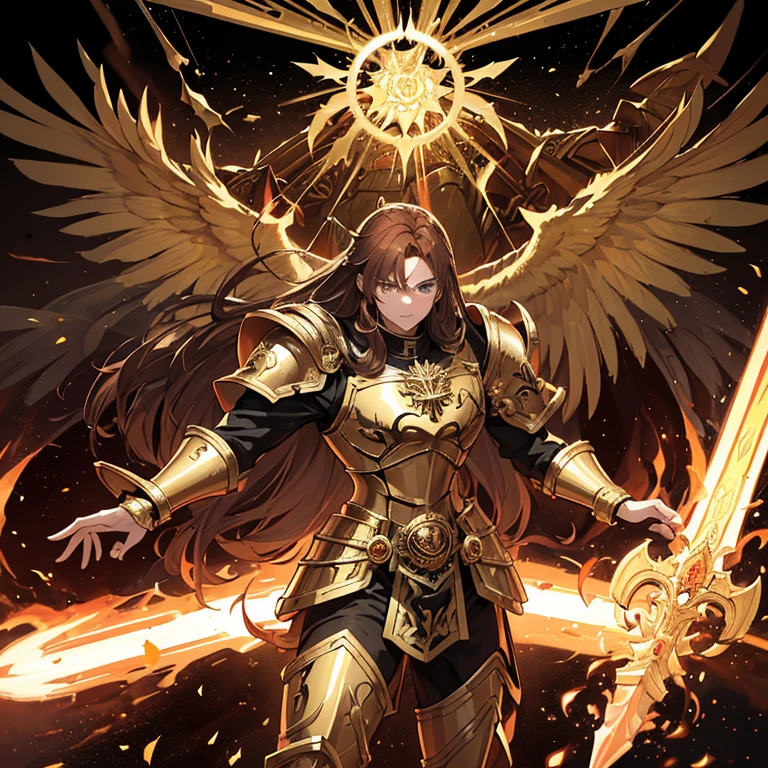 (Absurdres, best high quality)
1character, Warhammer 40.000 god emperor of Mankind, (bright golden skin ,long brown hair, green eyes, giant bulky golden armor, holding a huge fire sword with left hand, upright right hand, closed fist), heroic, grey mountains background,
