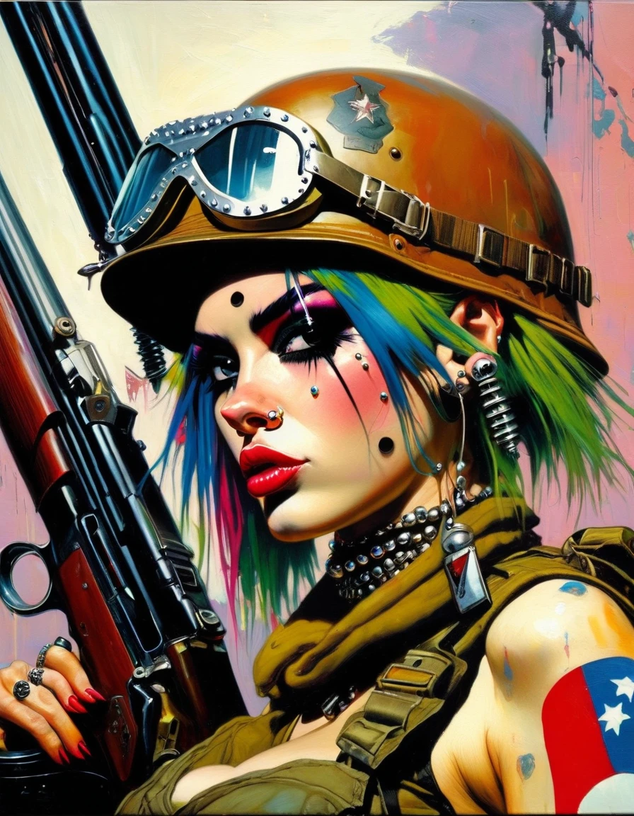 tank girl character, military helmet, piercings, shotgun, in a tank, (art inspired by Jamie Hewlett and Bill Sienkiewicz). oil painting)