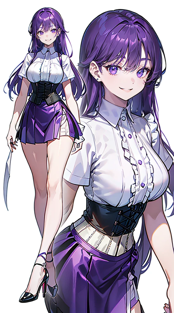 ((Perfect Face)),Purple Hair,long hair,1 female,bartender,(((White shirt with rolled up sleeves)),(corset),(((Tight Skirt))),,High heels,,((Simple White background)),((smile)),((full body)),((whole body)),Portraits,virtual,upright,