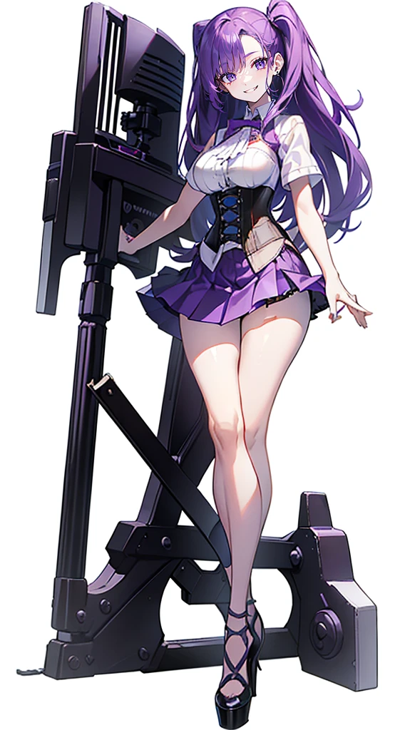 ((Perfect Face)),Purple Hair,long hair,1 female,bartender,(((White shirt with rolled up sleeves)),(corset),(((Tight Skirt))),,High heels,,((Simple White background)),((smile)),((full body)),((whole body)),Portraits,virtual,upright,
