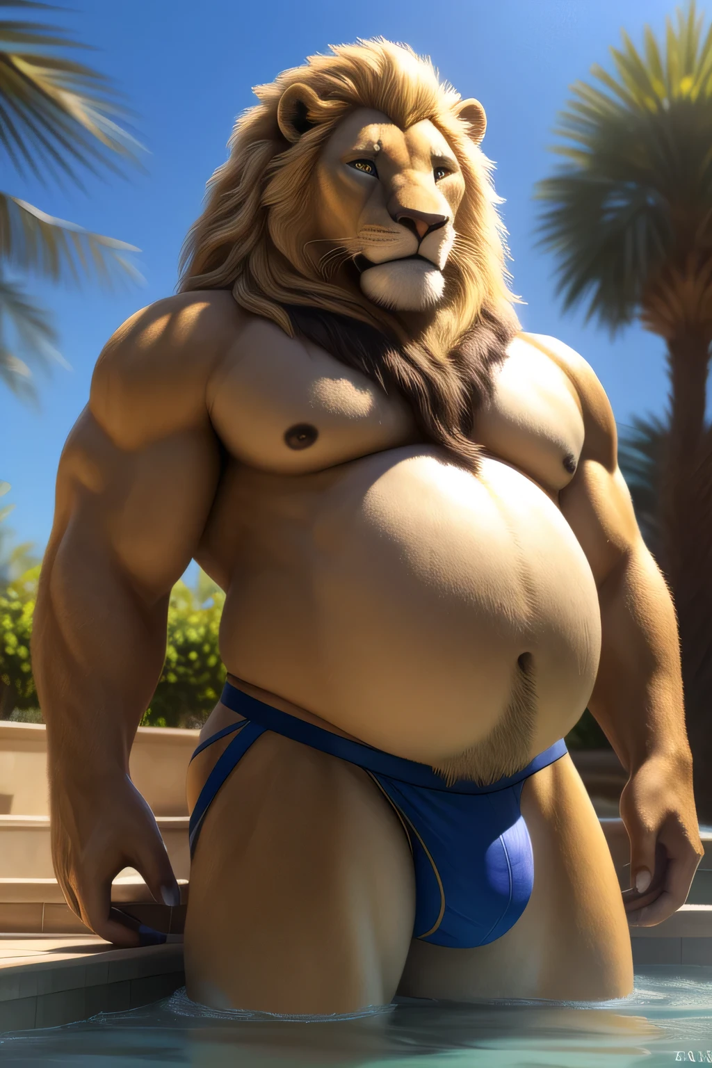 male lion with a long flowing blonde mane, beautiful eyes, massive and obese body, big belly, fat belly, powerful arms and pectorals, wearing tight black jockstrap, about to enter luxurious jacuzzi in lush garden on beautiful sunny day, (best quality,8k,8k,highres,masterpiece:1.2),ultra-detailed, ultra-detailed eyes, (realistic,photorealistic,photo-realistic:1.37),HDR,UHD,studio lighting,ultra-fine painting,sharp focus,physically-based rendering,extreme detail description,professional,vivid colors,bokeh,cinematic,realistic, corect eyes