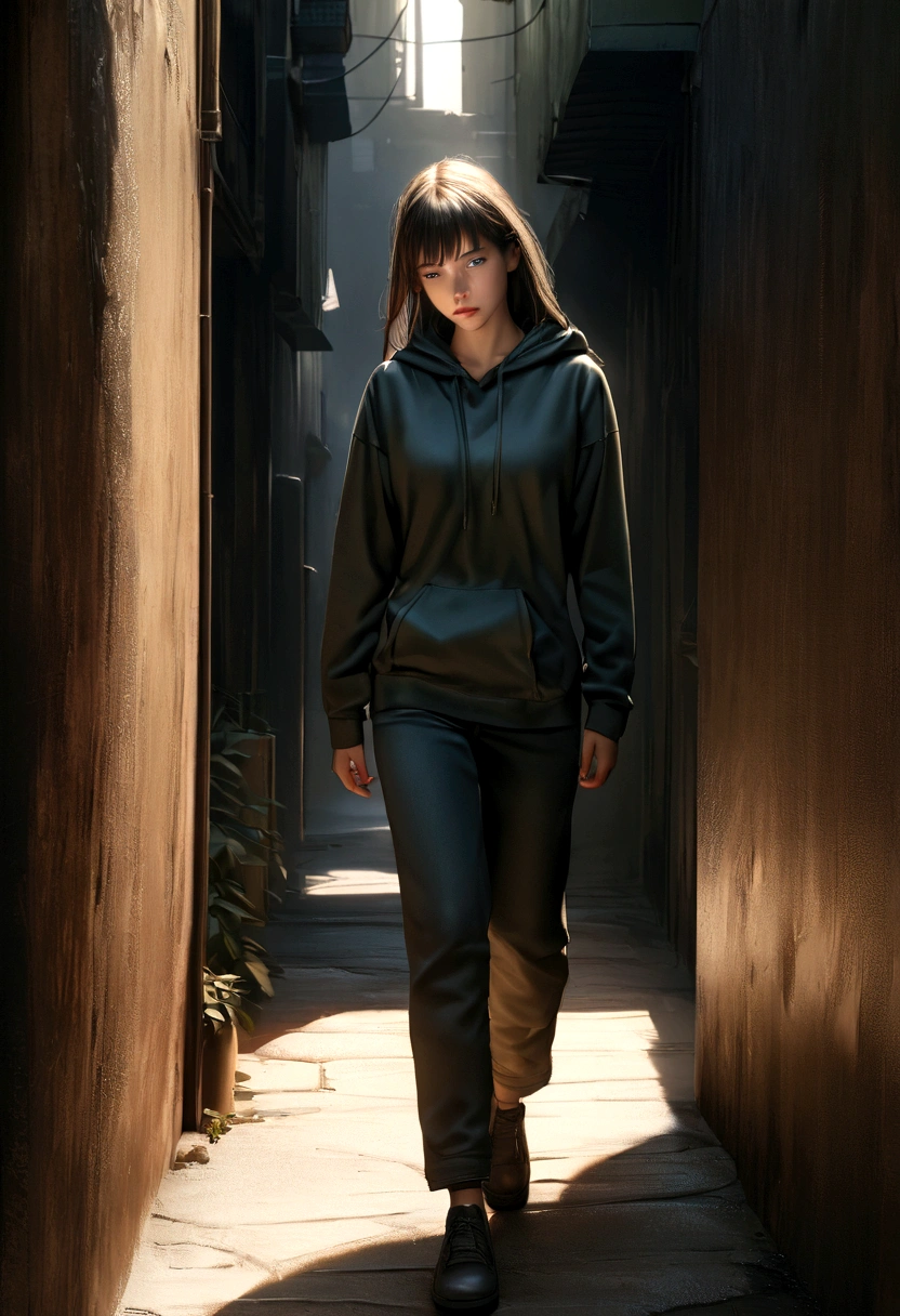 a 20 year old slender person wearing a hooded sweatshirt and pants, walking with head down passing through a dark alley, shy, thin build, not average height, detailed facial features, beautiful eyes, beautiful lips, photorealistic, 8k, high quality, masterpiece, chiaroscuro lighting, moody atmosphere, cinematic composition