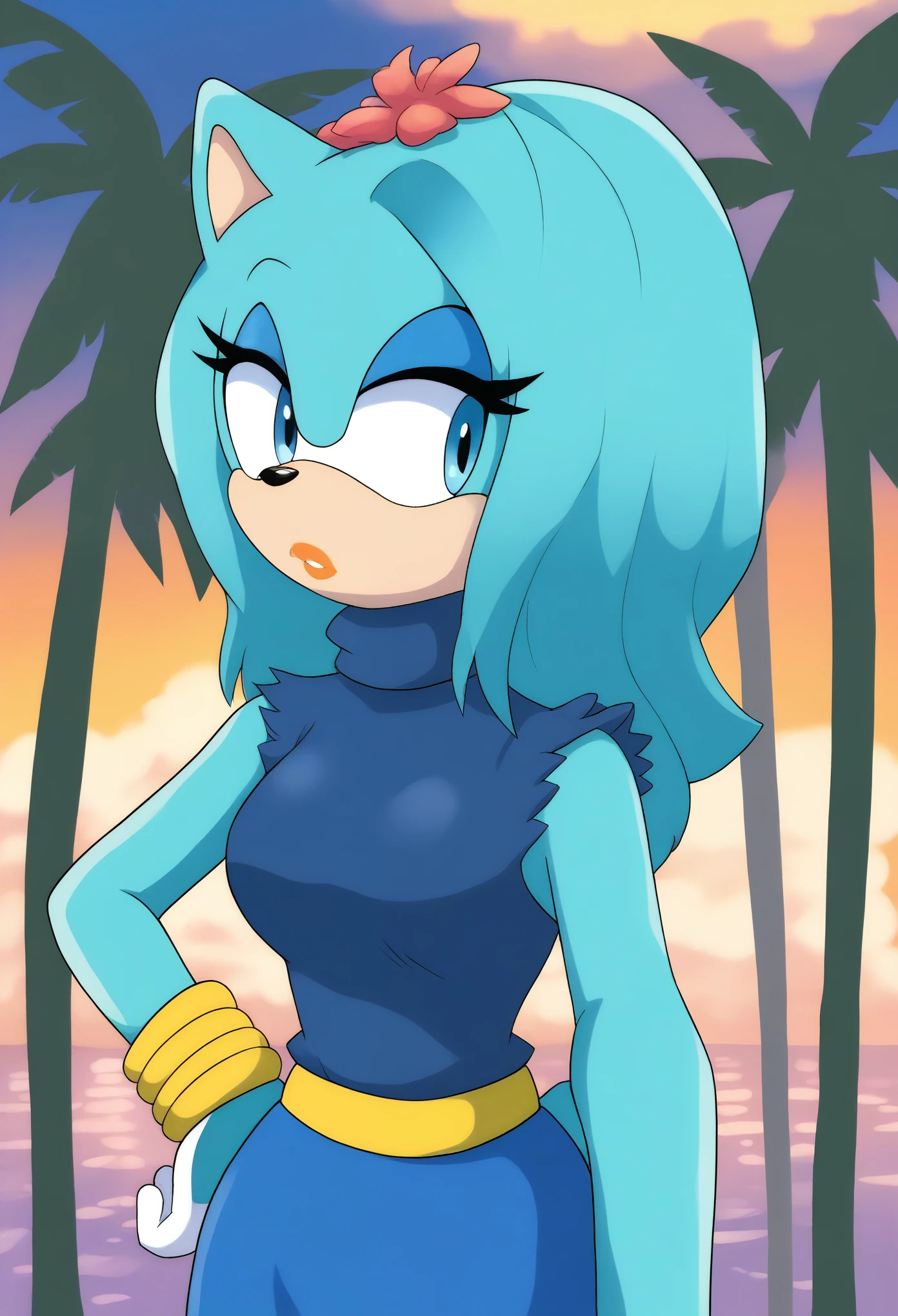 (Bulma Briefs as a Mobian Hedgehog), Female Hedgehog, (great detail), (tropical background), 1girl, solo, aqua hair, aqua fur, blue eyes, turtleneck, dusk, cloud, (1girl), (solo), medium hair, blue eyes, outdoors, sleeveless, tree, aqua hair, makeup, lipstick, blue dress, expressionless, hand on hip, arm at side, looking to the side, medium breasts, upper body, fringe_trim, standing, orange sash belt, eyelashes, daytime, mobian, Mobius city
