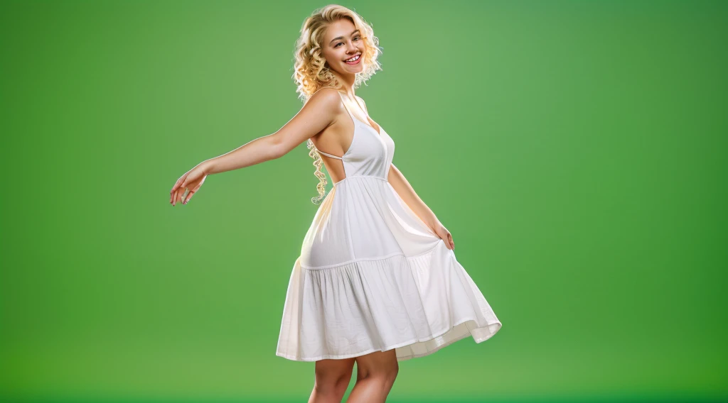 wide shot, (((side view))))) of a full body frontal view portrait photo of a 25 y.o. beautiful european woman (((happy smiling face))wearing (((white short summer dress with white shoes))),Long ((blonde curly hair)))),fit slim body, smiling, ((pale skin)), detailed hair, full body character photo,full body portrait,from head to feet, wearing white short summer dress with white shoes, skinny fit body, nice legs, studio photo, ((((side view))))), studio lighting, GREEN BACKGROUND,Full body portrait, lifelike texture, dynamic composition, high contrast, real human skin, (skin pores: 0.8), real human hands, detailed hair, studio photo, fashion photo, !!!!not nude!!!, not nsfw, neutral colors, natural lights, realistic textures, photorealistic, hyperrealistic, confident expression, determined, dramatic, ultra-high res, 8k uhd, dslr, analog, RAW, high quality, film grain, photogrphed on Nikon, Fujifilm XT3, 85mm F1.2, 1/80 shutter speed,
