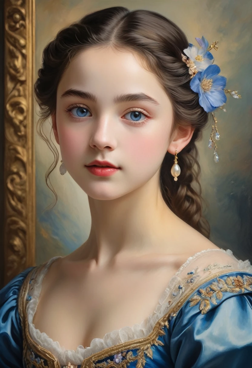 (highres,masterpiece:1.2),(realistic:1.37)"(best quality, highres, ultra-detailed, realistic),beautiful 19th-century portrait of a 16-year-old French ballet dancer, (She is half French and half Japanese, and is a stunning beauty with dark blue eyes and a high nose:1.1), elaborate ballet costume, detailed facial features, long graceful neck, flowing locks of hair, poised and elegant posture, soft and delicate lighting, classic oil painting medium, vibrant colors, subtle background with floral motifs", dreamy atmosphere, Surrealism,mystical aura