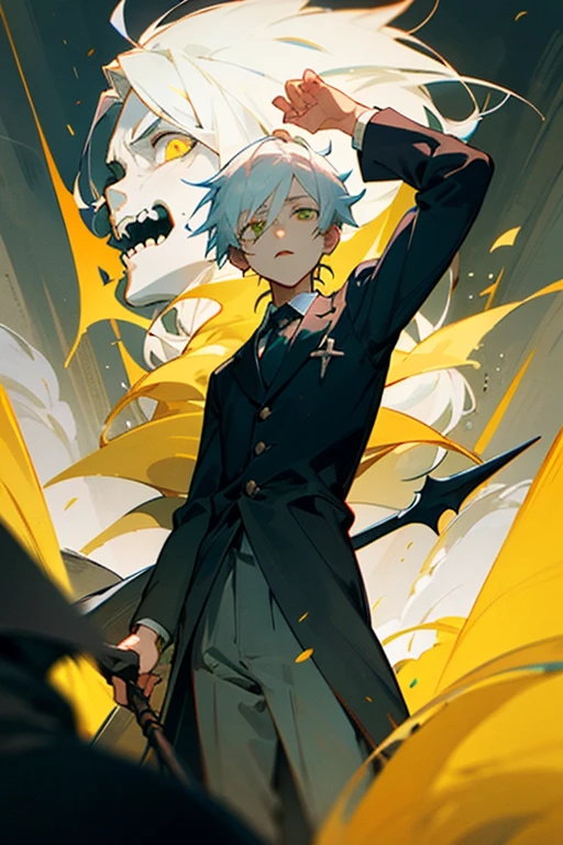 13 year old boy with white hair and yellowish green eyes, vestido como un dios de la muerte junto al personaje Undertaker de kurotshitsuji