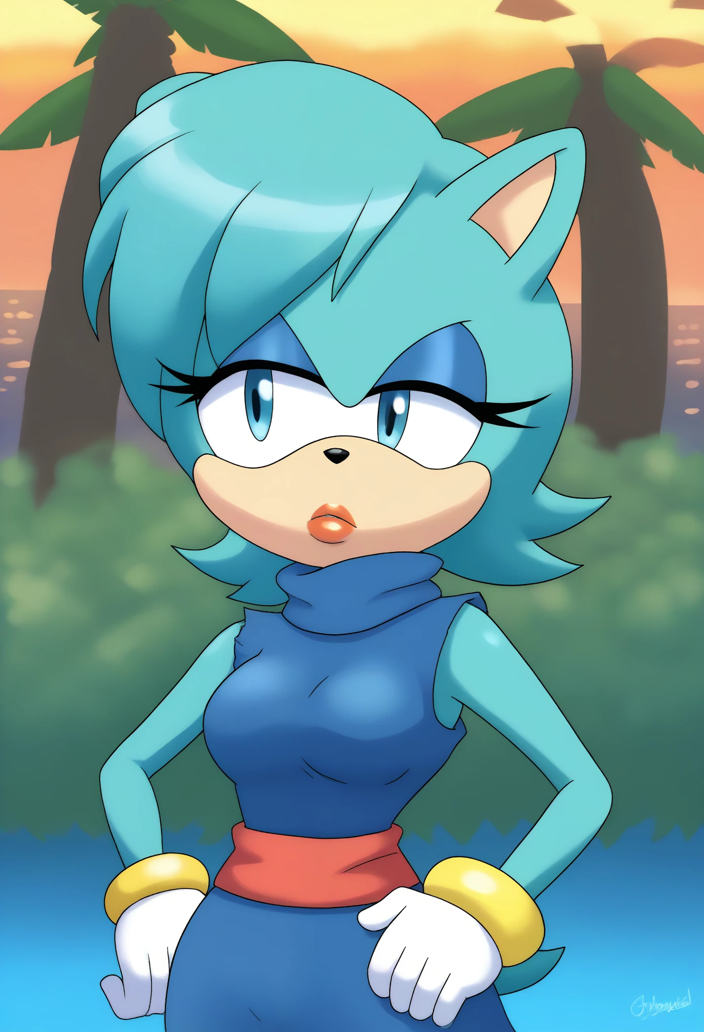 (Bulma Briefs as a Mobian Hedgehog), Female Hedgehog, (great detail), (tropical background), 1girl, solo, aqua hair, aqua fur, blue eyes, turtleneck, dusk, cloud, (1girl), (solo), medium hair, blue eyes, outdoors, sleeveless, tree, bushes, aqua hair, makeup, lipstick, (blue dress), hand on hip, arm at side, looking to the side, medium breasts, upper body, fringe_trim, standing, orange sash belt, eyelashes, daytime, mobian, Mobius city