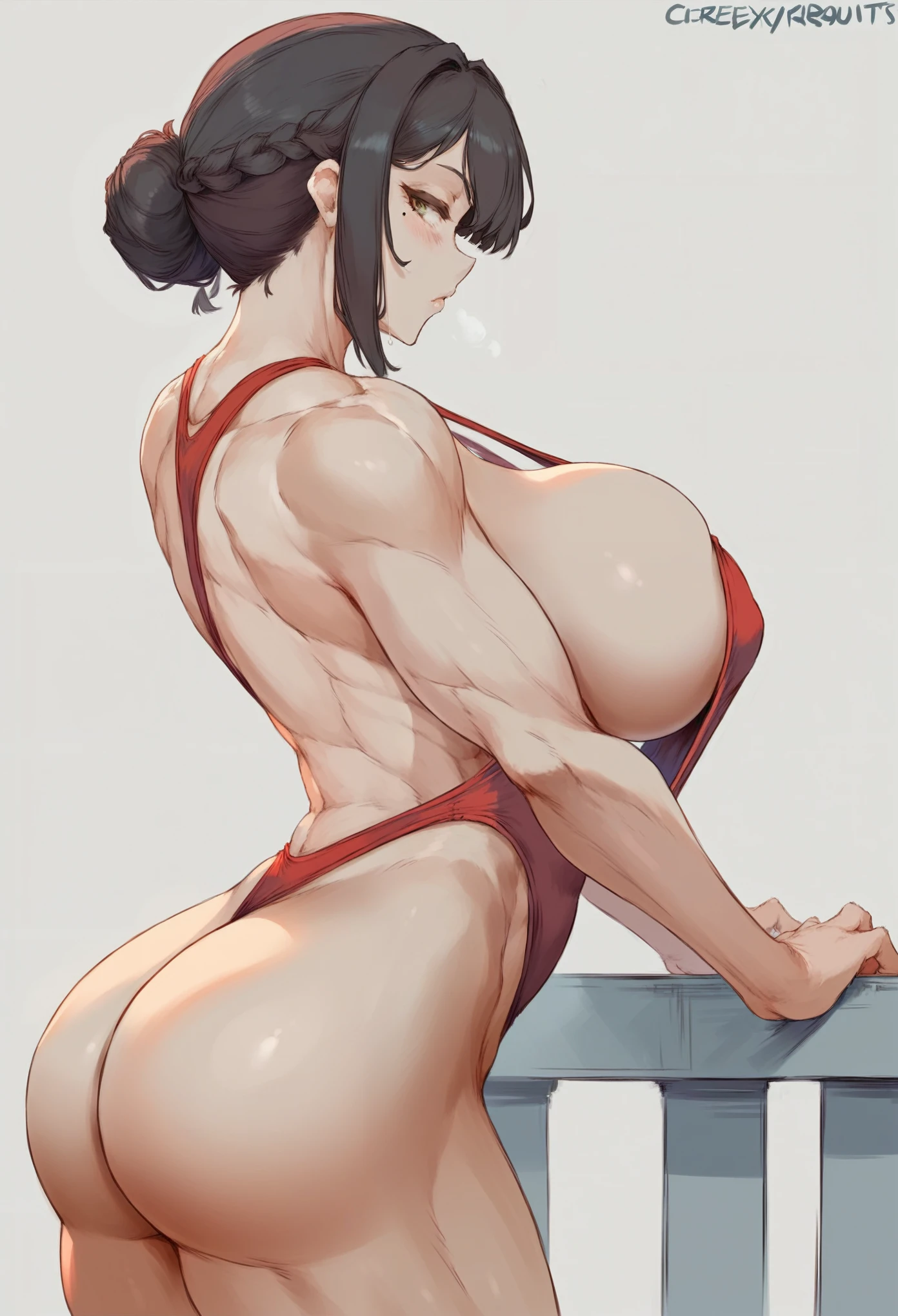 cutesexyrobutts style, 1girl, breasts, swimsuit, brown_hair, solo, green_eyes, one-piece_swimsuit, blush, sideboob, white_background, red_one-piece_swimsuit, huge_breasts, looking_at_viewer, simple_background, from_side, mole, ass, braid, large_breasts, mole_on_breast, hair_bun, long_hair, muscular, highleg, sidelocks