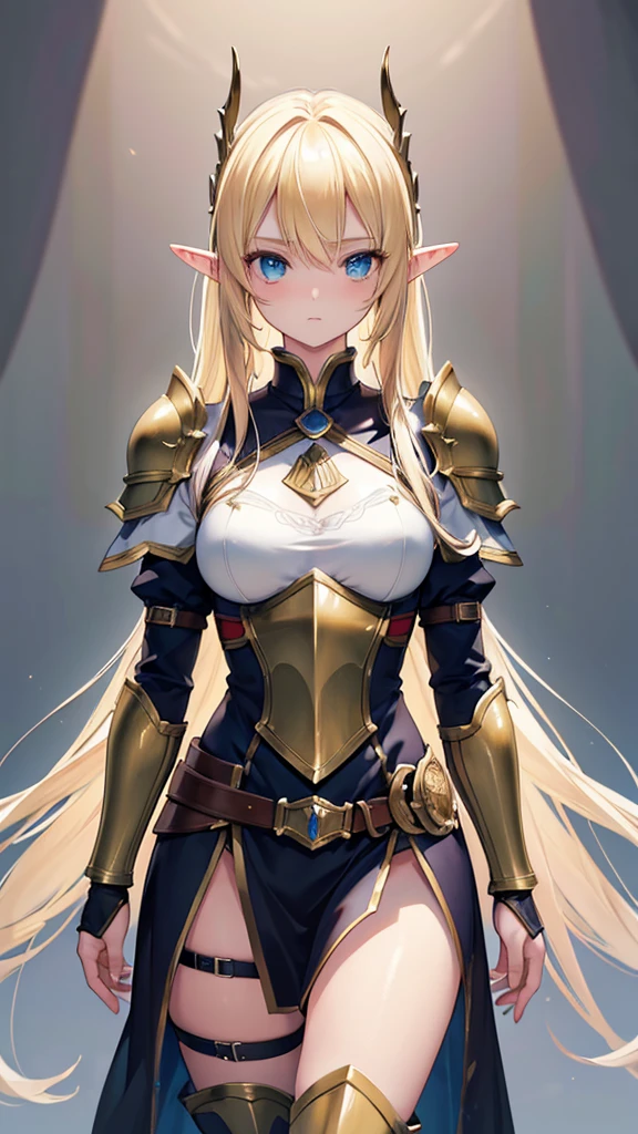 ((masterpiece, best quality)), manga style, elf warrior in armor, blond hair, elf ears, hands behind back, best qualityer，8K， masterpiece, high resolution, two tone lighting, (high detail skin：1.2), beautiful face, gentle illumination, ((blank background))