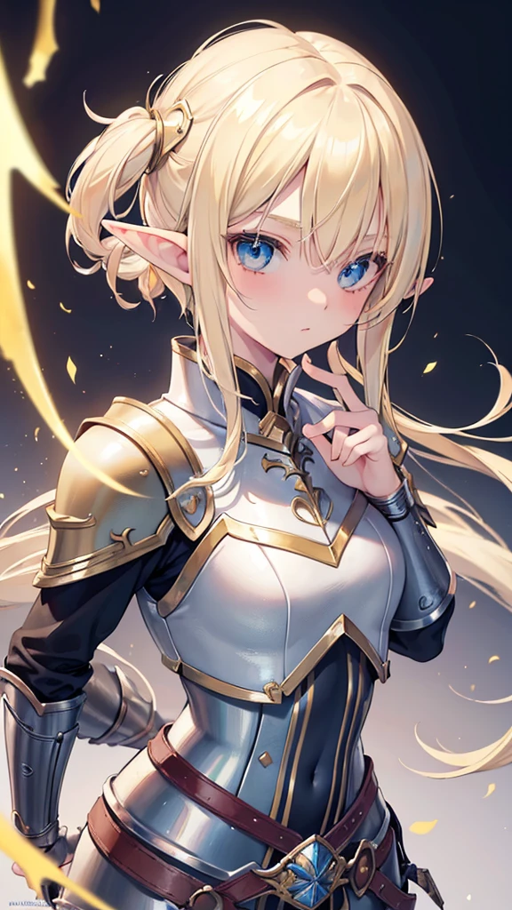((masterpiece, best quality)), manga style, elf warrior in armor, blond hair, elf ears, hands behind back, best qualityer,8K, masterpiece, high resolution, two tone lighting, (high detail skin:1.2), beautiful face, gentle illumination, ((blank background))