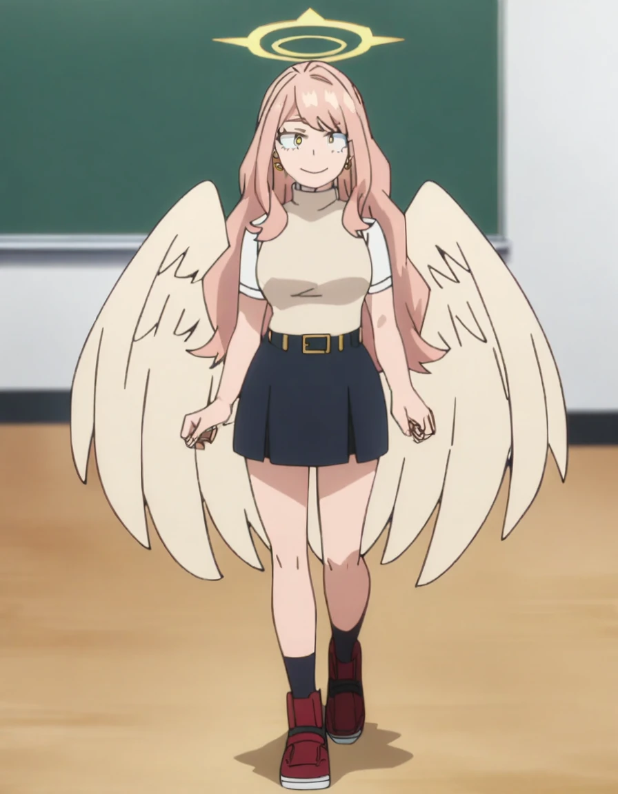 1girl, female focus, my hero academia screencap, boku no hero academia, pink hair, gold eyes, smiling, super long hair, cute, wearing beige turtle neck , in a classroom, cute gold earrings, bangs, big , full body, large angel wings on back, halo, short skirt
