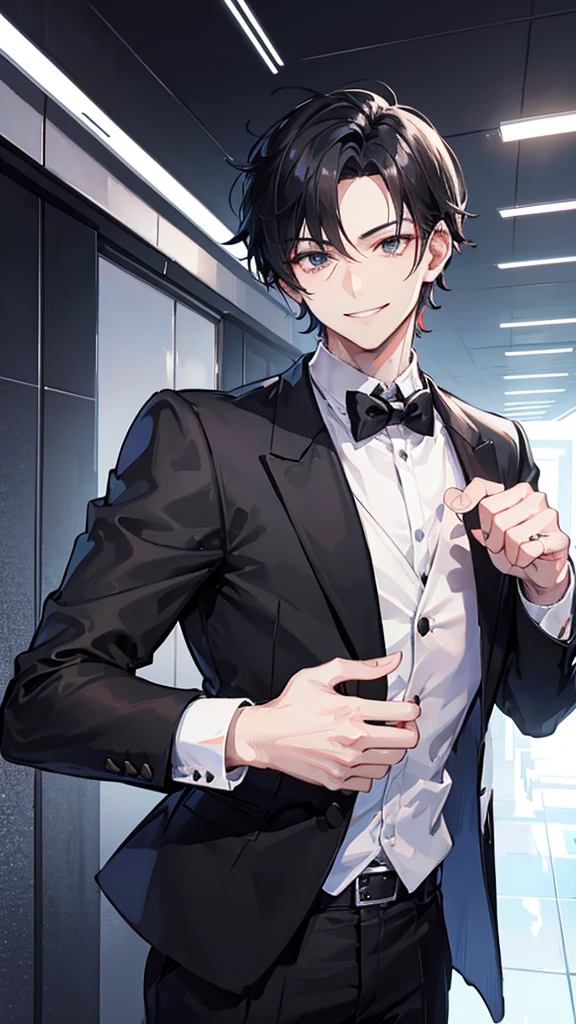 Short hair,, male, black hair, suit, smiling, diamond rings, diamond chain, nice, handsome, older, buisness man 