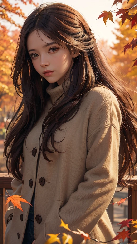 Create a captivating digital painting of a young woman with long, flowing hair, standing in an autumn setting. She is wearing a dark brown coat, and the scene is filled with colorful autumn leaves in shades of orange, red, and yellow. Some leaves are falling around her, creating a dynamic and dreamy atmosphere. The lighting is warm and soft, casting a gentle glow on her face as she looks down with a peaceful expression. The background should be slightly blurred to emphasize the subject and the autumn ambiance.