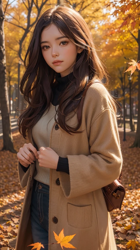 Create a captivating digital painting of a young woman with long, flowing hair, standing in an autumn setting. She is wearing a dark brown coat, and the scene is filled with colorful autumn leaves in shades of orange, red, and yellow. Some leaves are falling around her, creating a dynamic and dreamy atmosphere. The lighting is warm and soft, casting a gentle glow on her face as she looks down with a peaceful expression. The background should be slightly blurred to emphasize the subject and the autumn ambiance.