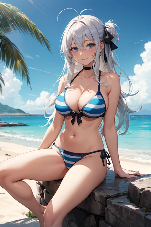 ((mejor calidad)), ((Obra maestra)), (detallado), 1girl ai_generated antenna_hair arm_support barefoot beach bikini blue_eyes blue_sky breasts cleavage cloud crossed_legs day hair_between_eyes hair_ribbon high_school_dxd horizon huge_breasts large_breasts long_hair looking_at_viewer ocean outdoors ribbon rock rossweisse silver_hair sitting sky smile solo striped striped_bikini swimsuit very_long_hair water